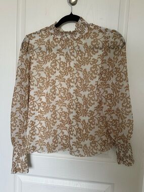 Aritzia Wilfred Smocked Neck Floral Print Blouse - Cream & Tan - Size XXS